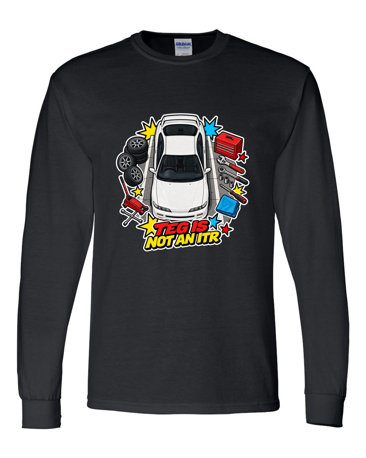 Retro Showa catalogue ad style print of a 2002 Honda Integra DC5 ch with K20A six speed text black long sleeve front view with the design