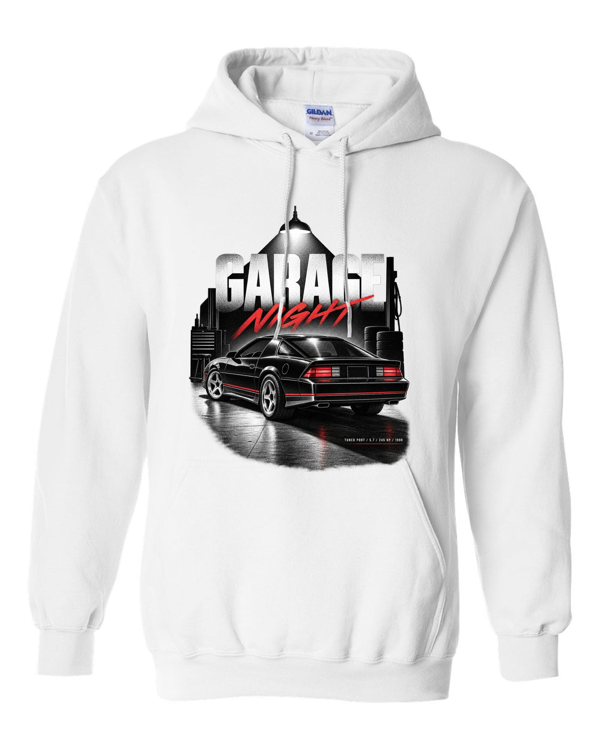 Garage-night print of a 1990 Chevrolet Camaro IROC-Z with tuned port 5.7 245 hp text white pull over hoodie front view with the design