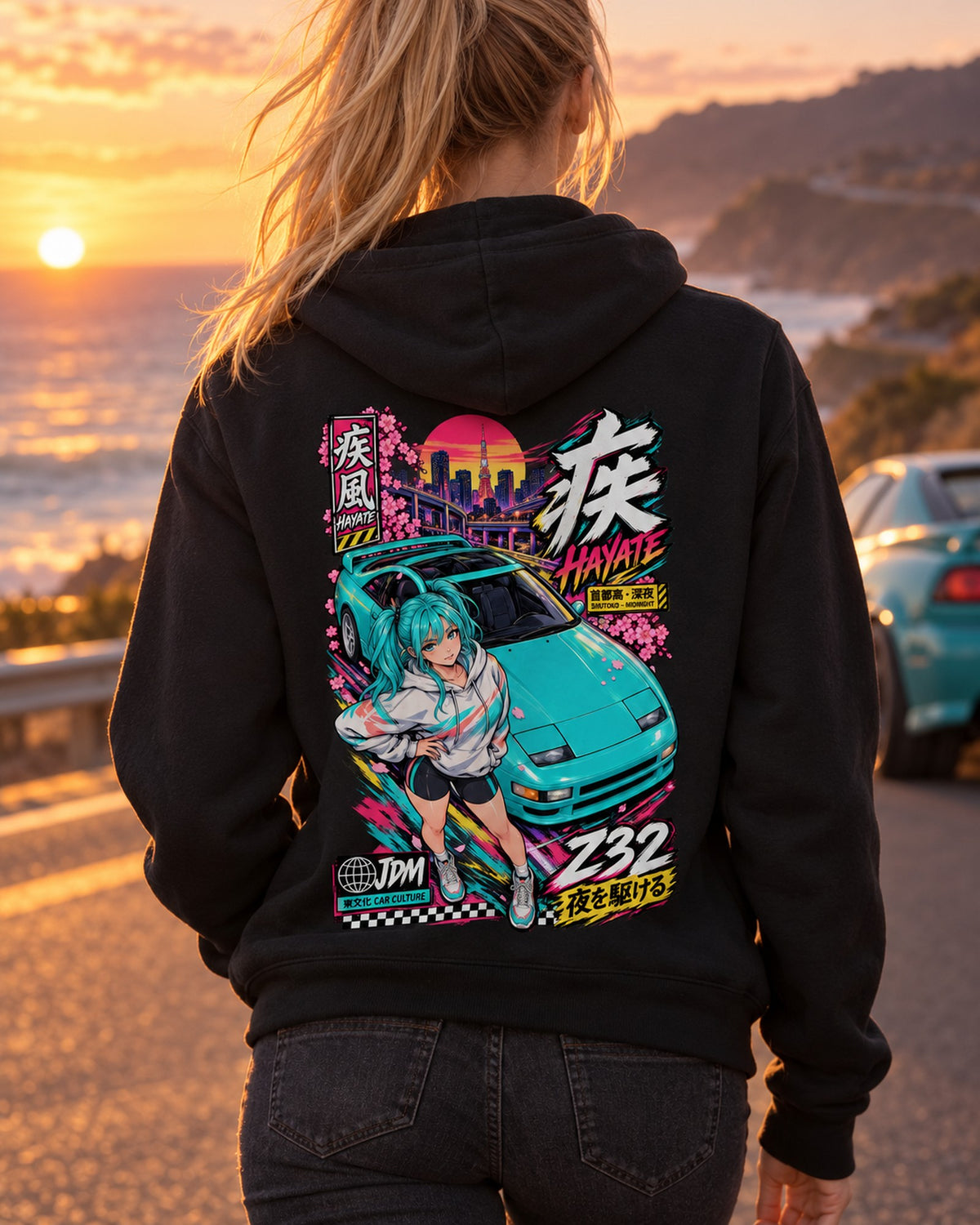 HAYATE Z32 Anime Girl Full-Back Graphic Tee Zip Hoodie Black worn hero
