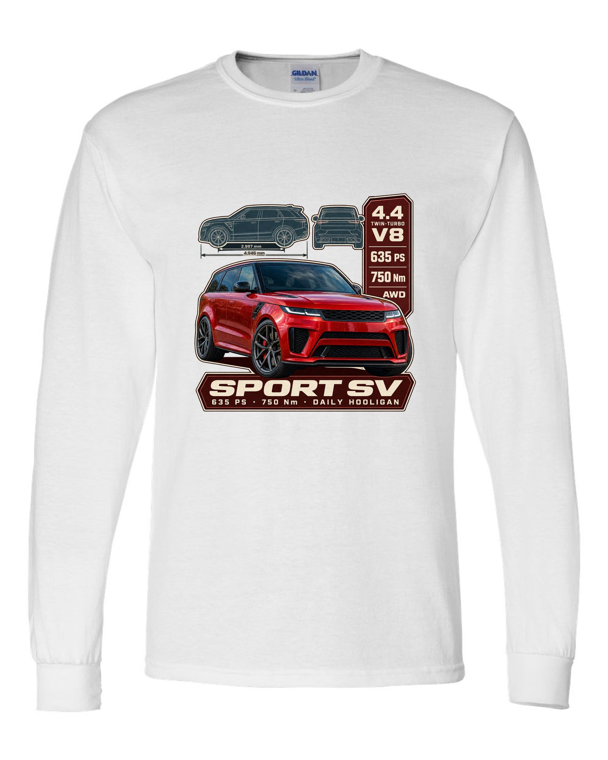 Spec poster print of the Range Rover Sport SV L461 with power and torque white long sleeve front view with the design