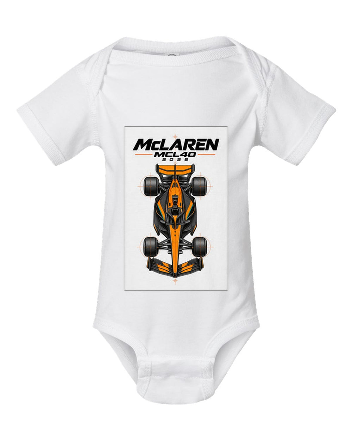 McLaren MCL40 2026 F1 car technical poster artwork white baby onesie front view with the design