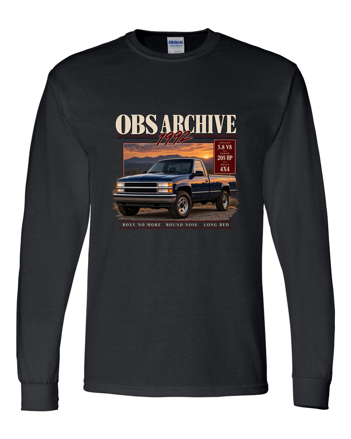 Ford F-150 OBS 1992-97 archive panel print listing 5.8 V8, 205 HP and 4x4 black long sleeve front view with the design