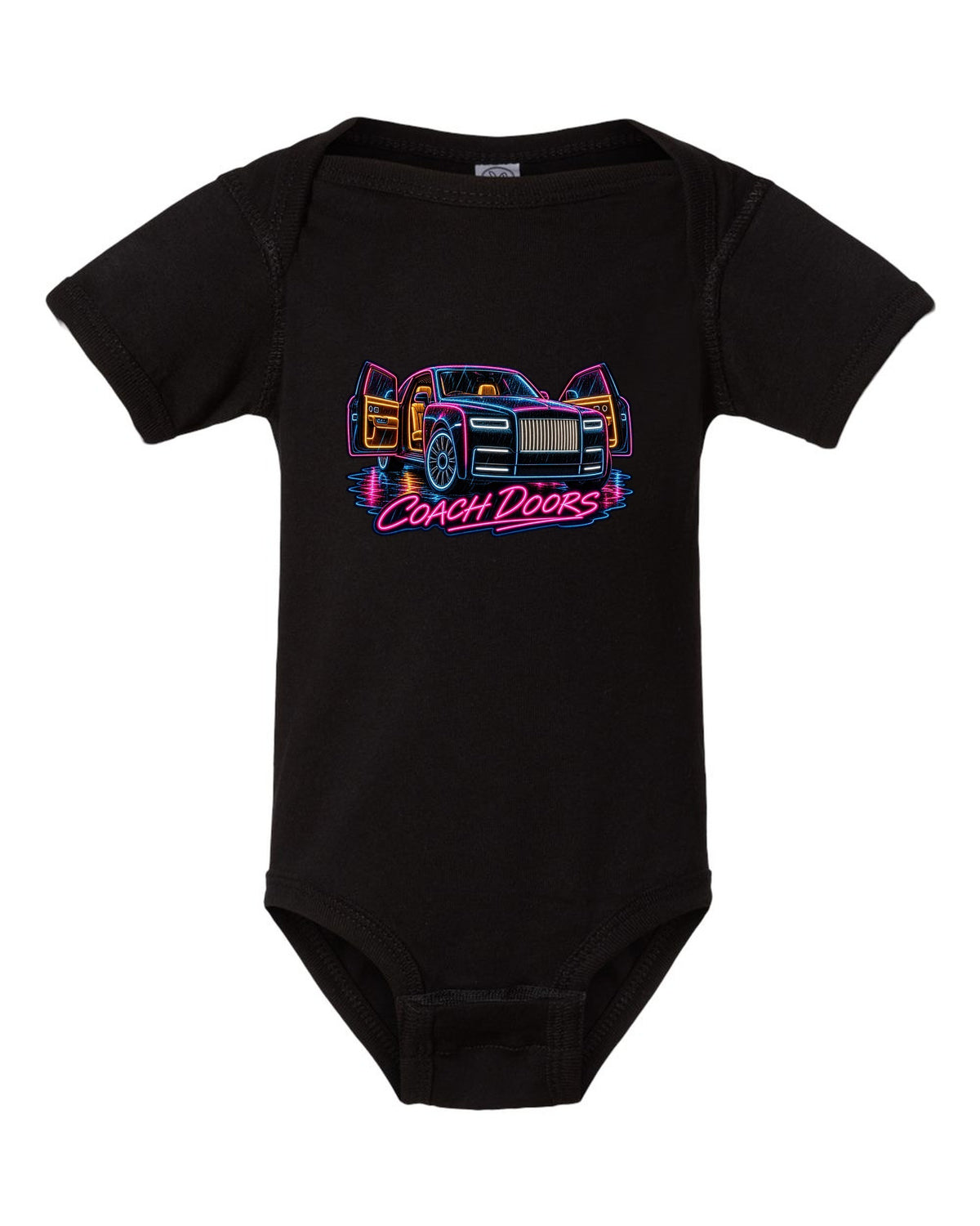 Neon sign style print of a Rolls-Royce Phantom VIII in rain with coach doors lettering black baby onesie front view with the design