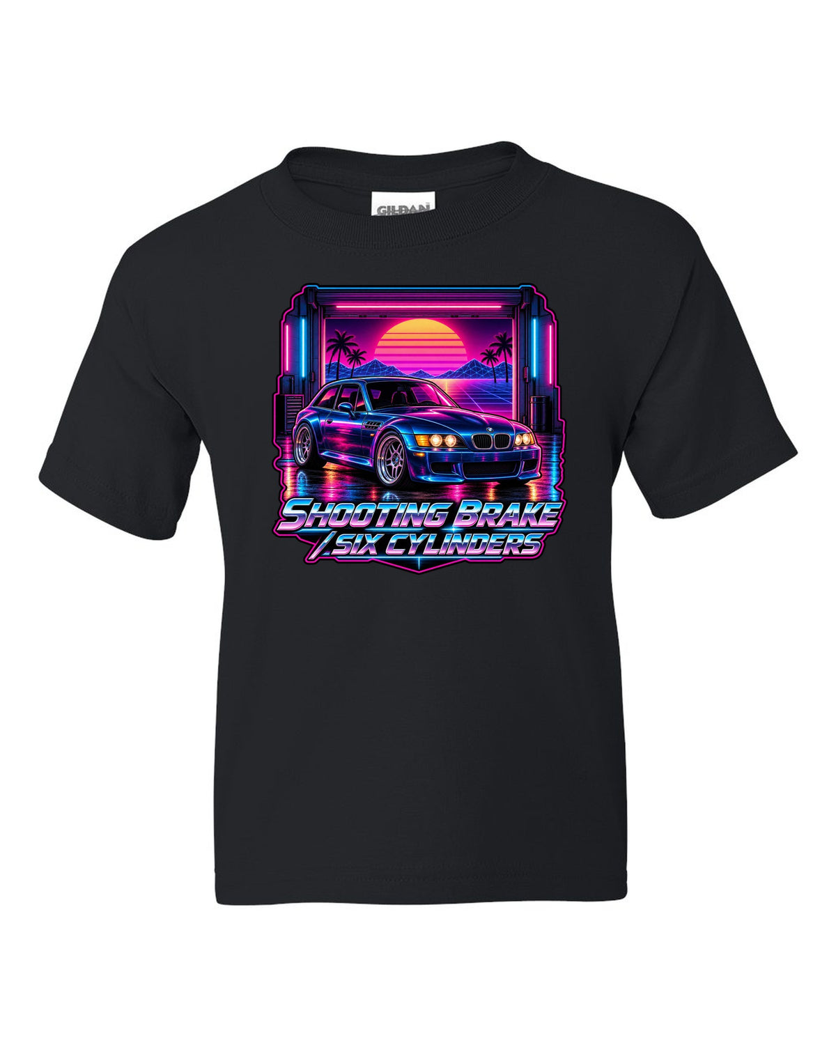BMW Z3 M Coupe synthwave outrun print with shooting brake text black kids tee front view with the design