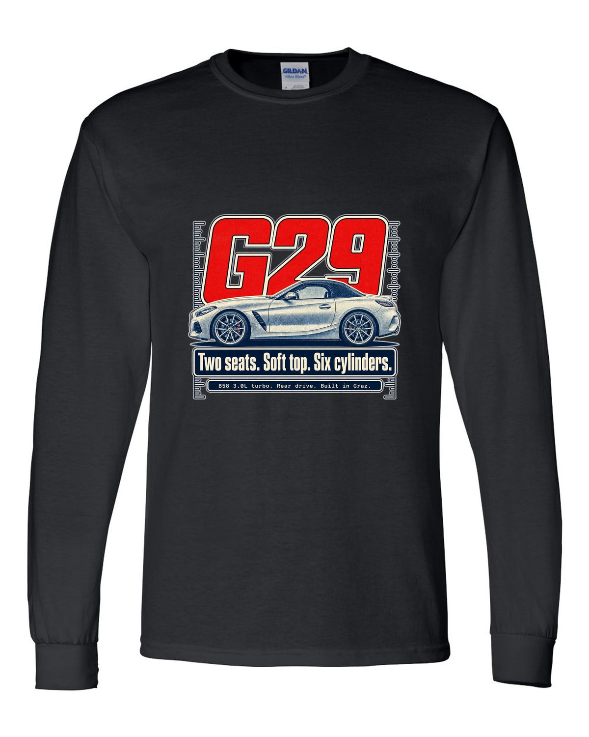 Halftone print of the BMW Z4 G29 roadster with two seats and six cylinders text black long sleeve front view with the design