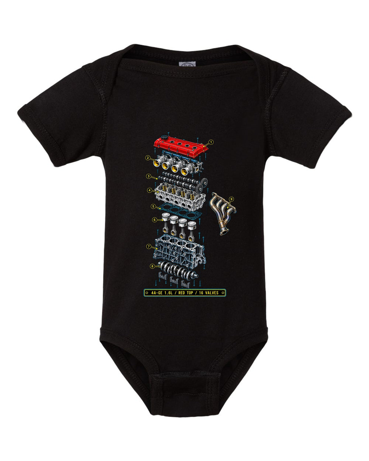 Blueprint exploded diagram of the Toyota AE86 Corolla Levin 4A-GE 1.6L engine black baby onesie front view with the design