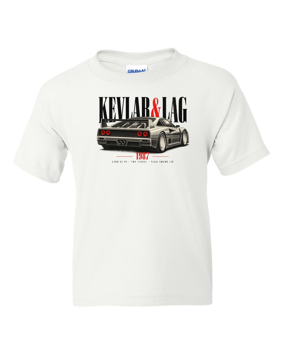 Ferrari F40 1987 rear three-quarter print headed Kevlar and Lag, 2,936 cc V8 white kids tee front view with the design