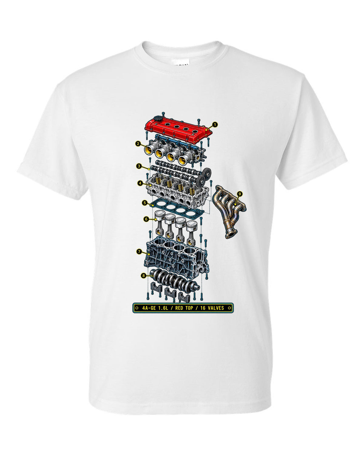 Blueprint exploded diagram of the Toyota AE86 Corolla Levin 4A-GE 1.6L engine white t-shirt front view with the design