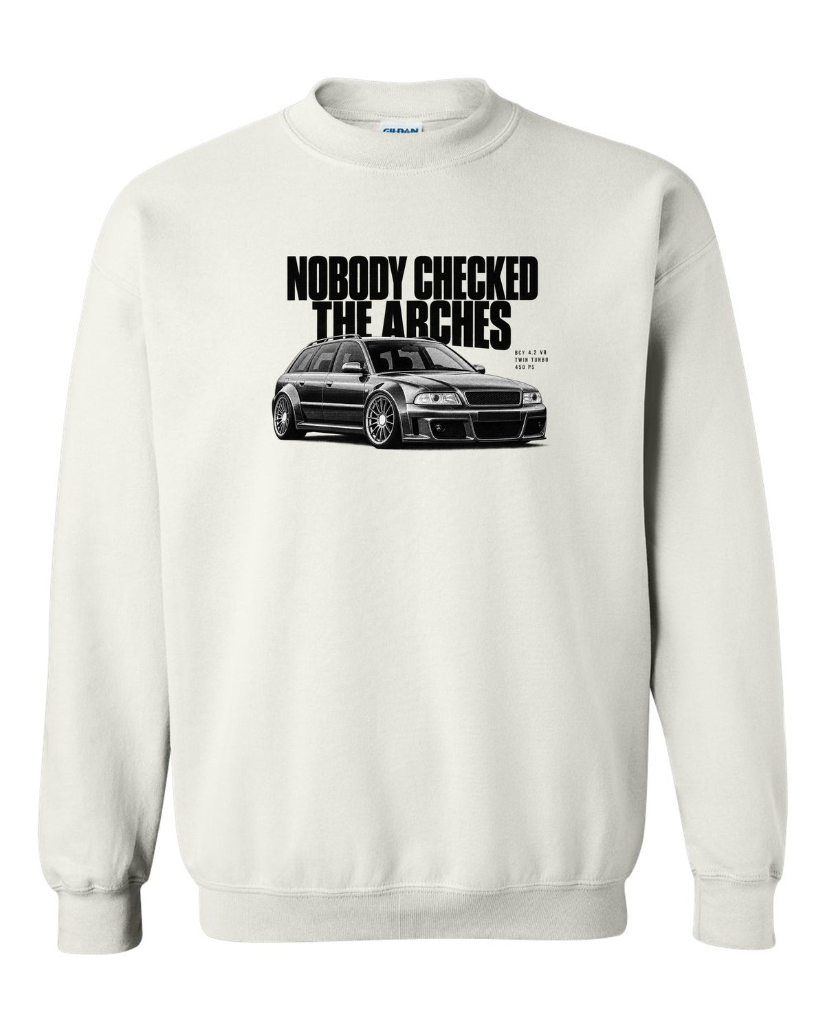 Audi RS6 Avant C5 4B front three-quarter in halftone with arches text white crewneck front view with the design