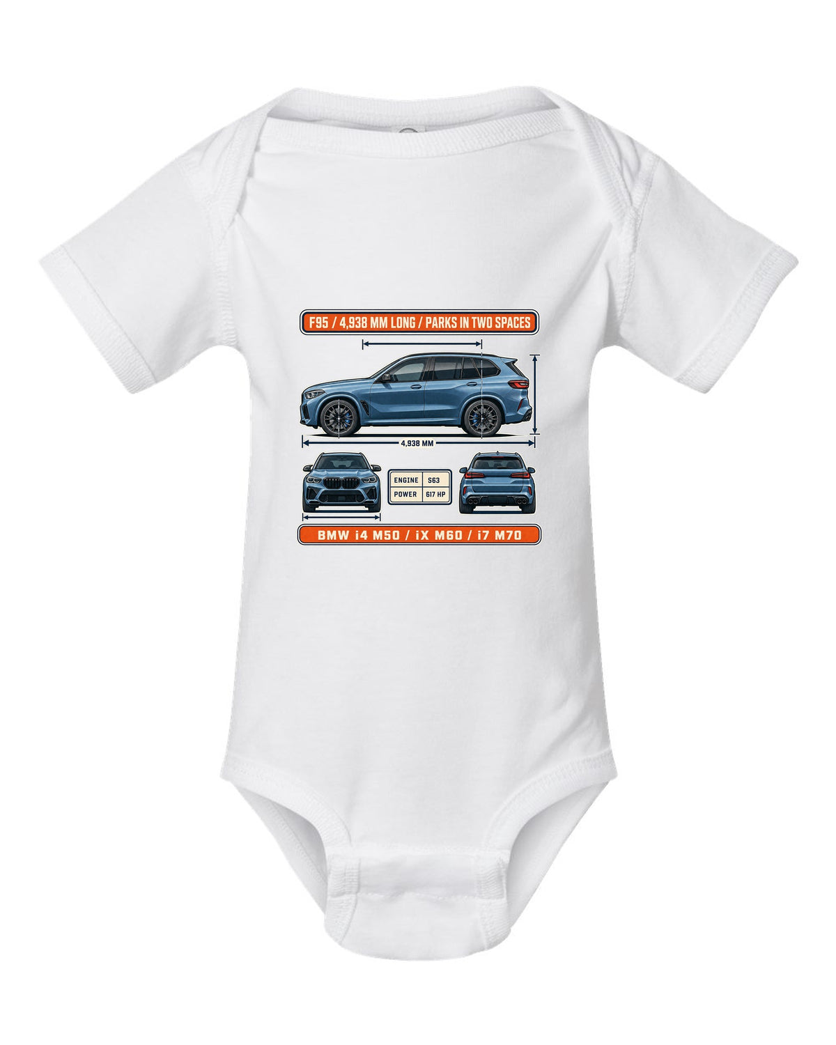 Dimension blueprint print of the BMW X5 M Competition F95 with 4,938 mm length white baby onesie front view with the design
