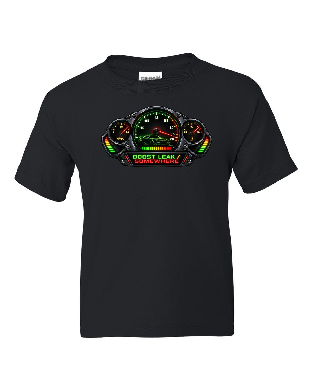 Sticker-bomb collage print of a Mazda RX-7 FD3S with text 5-Lug, 17 Inch, Bronze black kids tee front view with the design