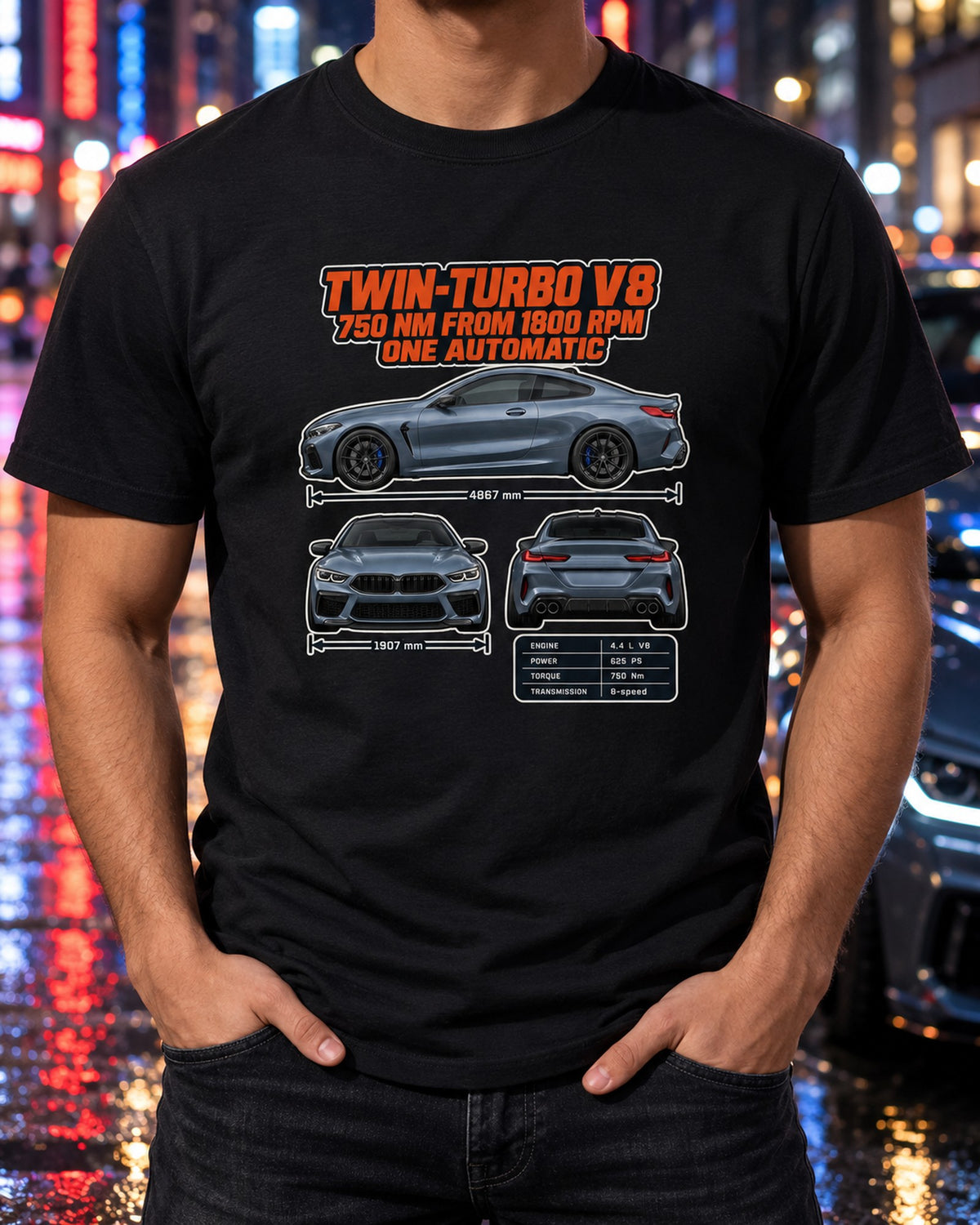BMW M8 Competition F92 Three-View Spec Table Shirt T-Shirt Black worn hero