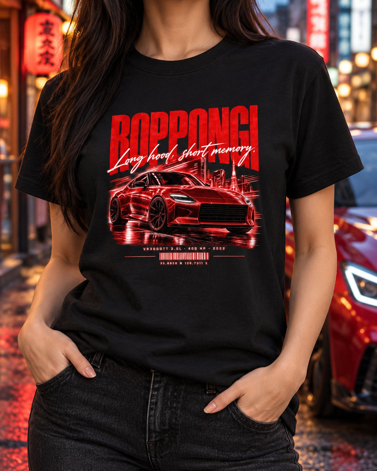 Nissan Z RZ34 Roppongi Street Poster Shirt, VR30DDTT Tee T-Shirt Black worn hero