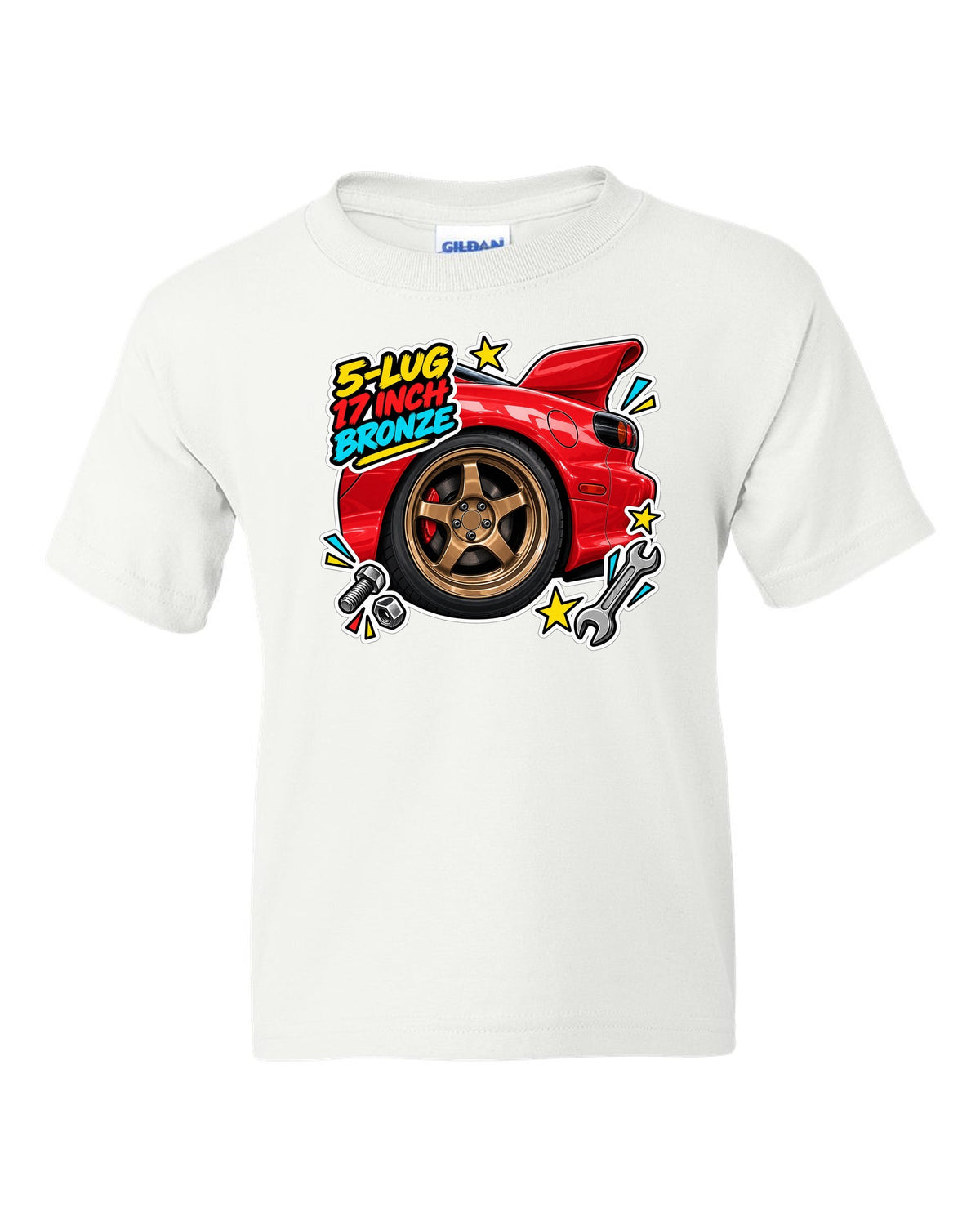Watercolour wet road night print of a Mazda MX-5 ND RF with the text Roof Folds in 13 Seconds white kids tee front view with the design