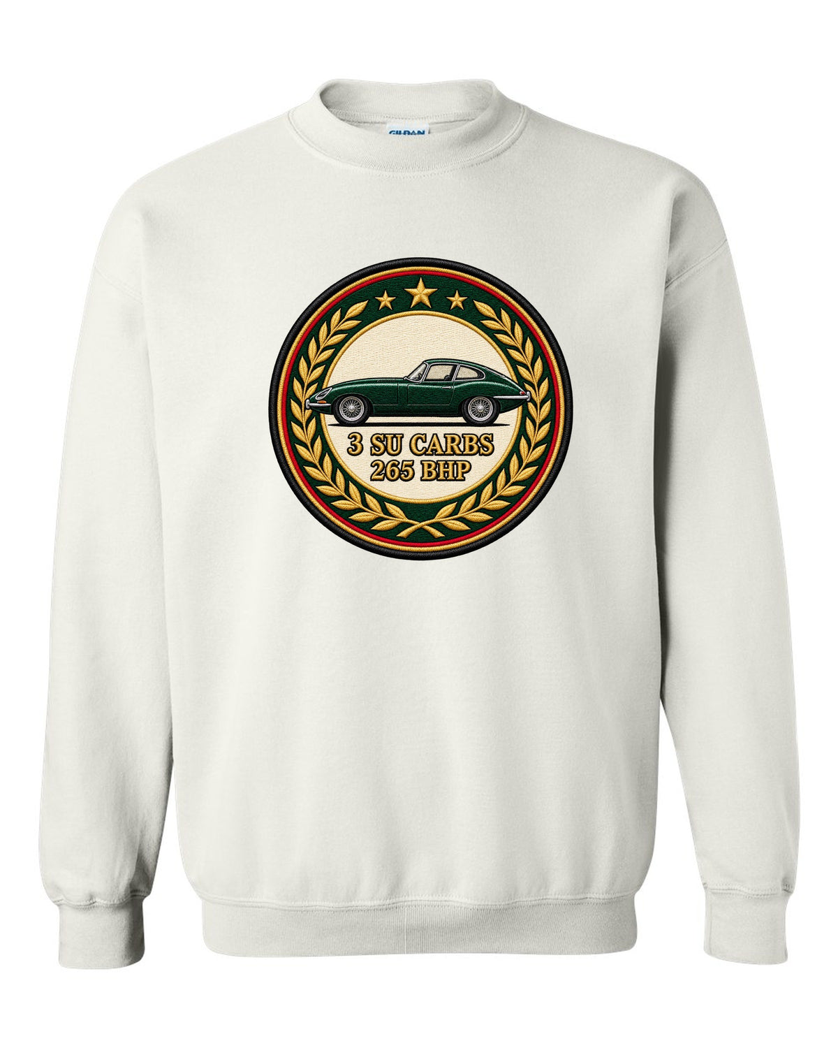 Varsity embroidery-style long bonnet print for the 1961 Jaguar E-Type Series 1 with 3 SU carbs and 265 bhp lettering white crewneck front view with the design