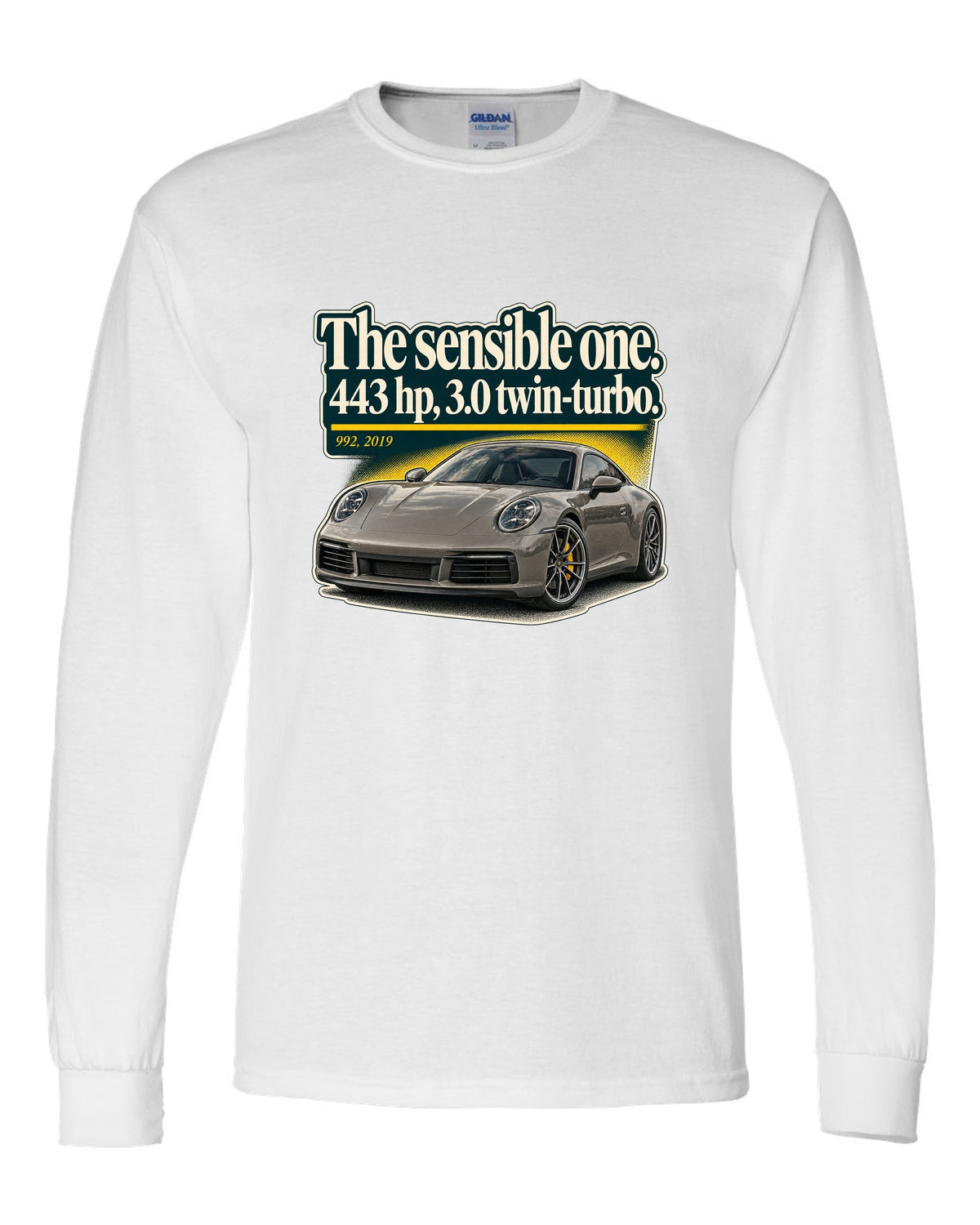 print of a Porsche 992 Carrera S coupe with an editorial headline layout white long sleeve front view with the design