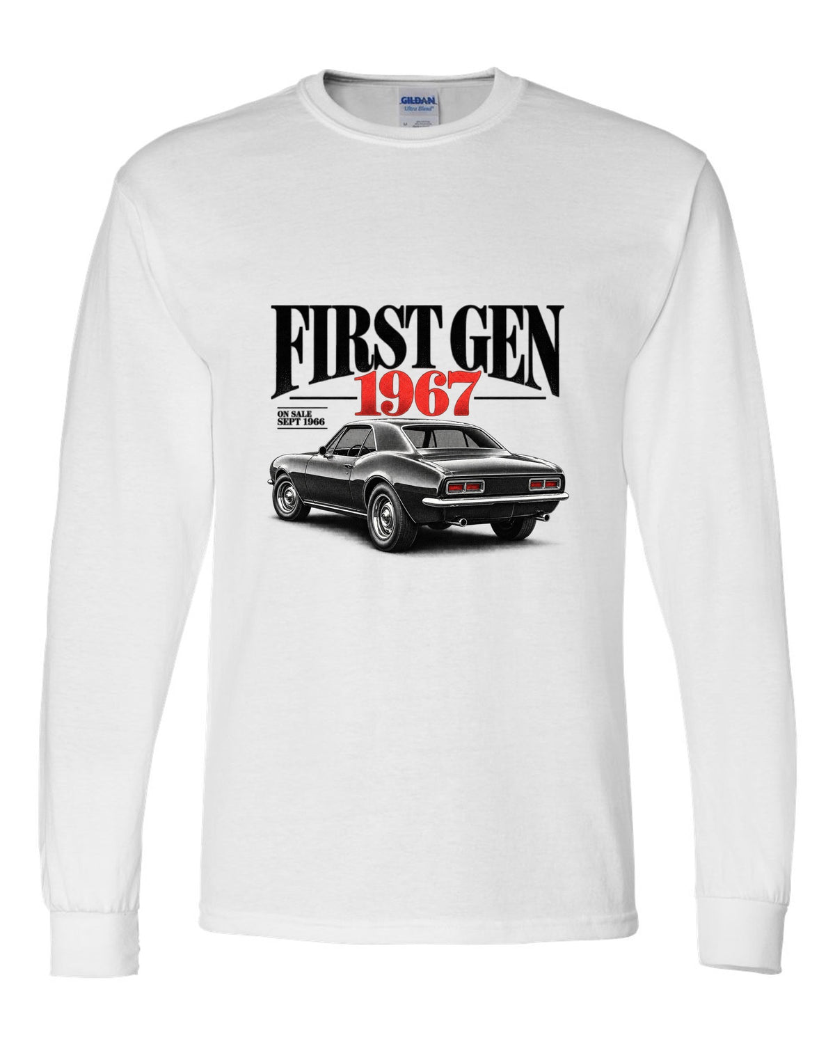 Editorial headline print of a 1967 first-gen Chevrolet Camaro with September 1966 on-sale date white long sleeve front view with the design