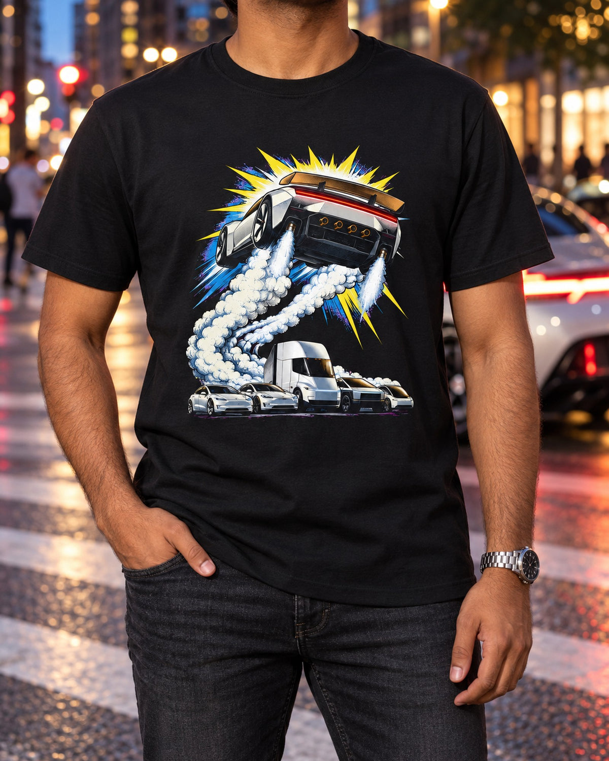 Tesla Roadster The Jump Shirt, Hoodie & More T-Shirt Black worn hero