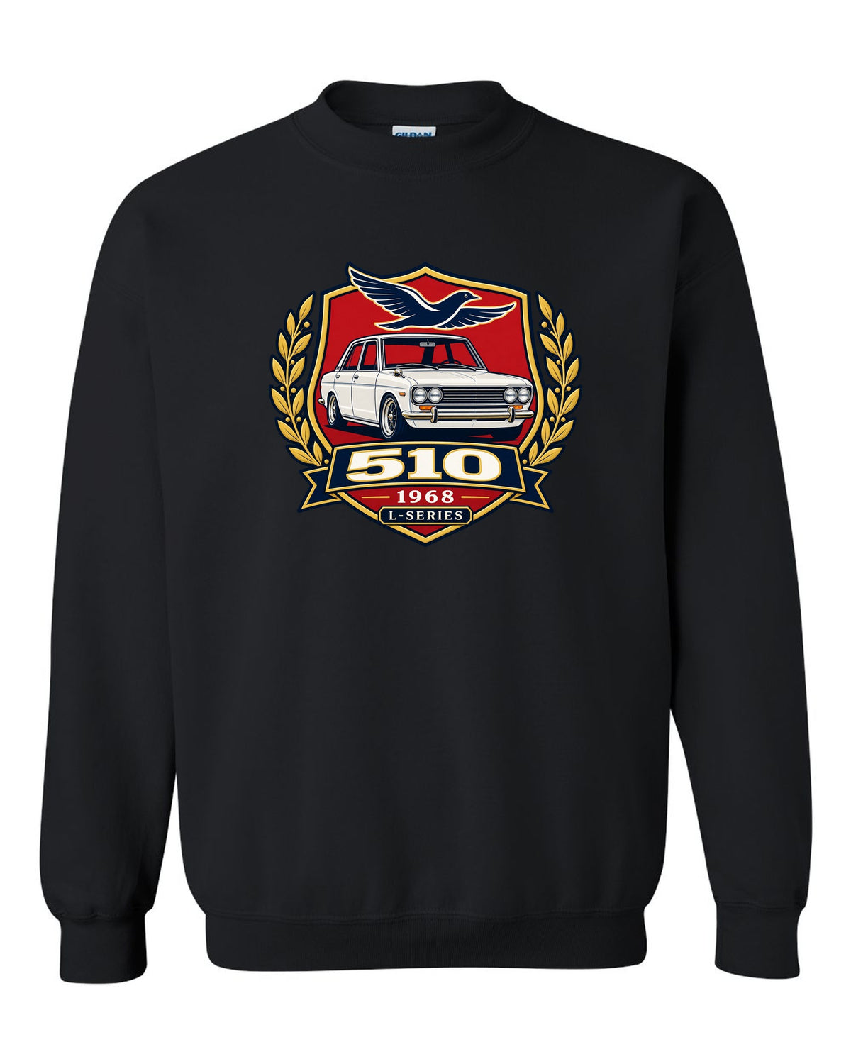 Shield crest print for the Datsun 510 with 510, 1968 and L-Series lettering black crewneck front view with the design