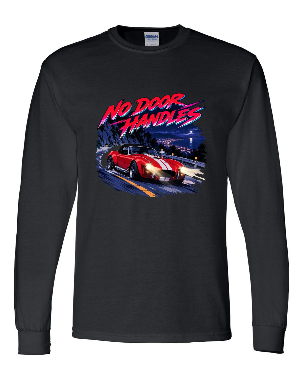 Cel-shaded anime night touge scene with a 1995 Dodge Viper RT/10 SR I and no door handles caption black long sleeve front view with the design