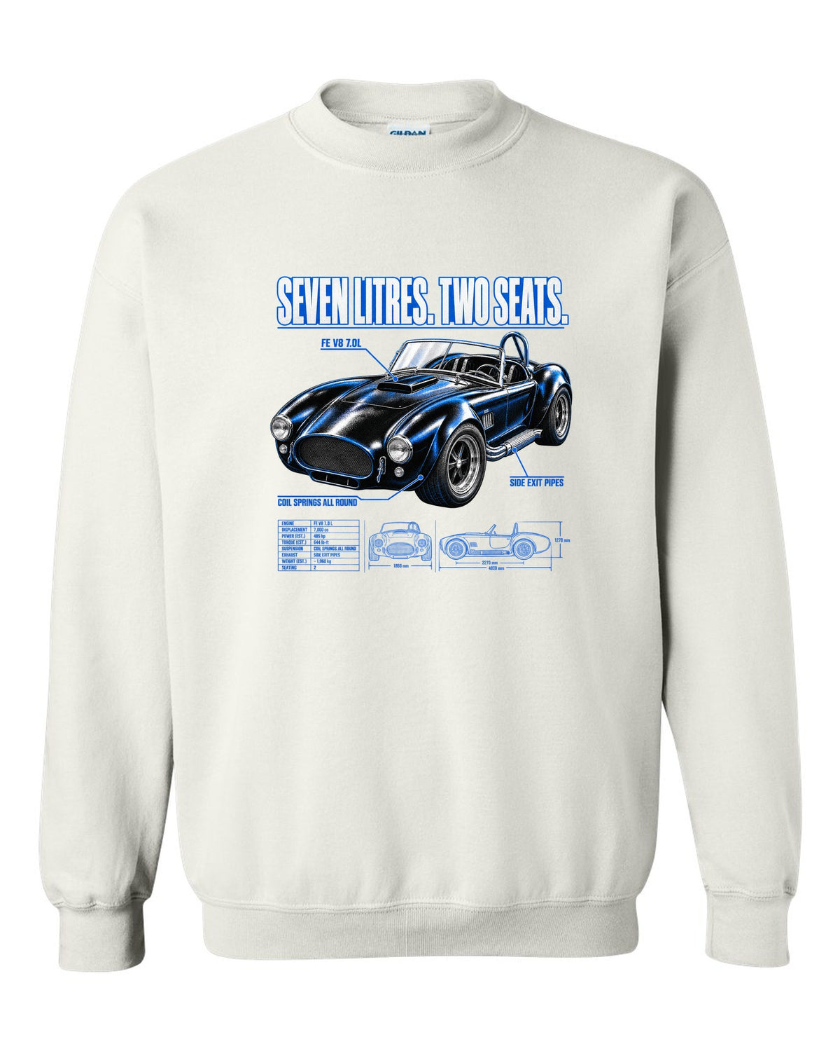 Top-down spec poster print of a 1965-1967 Shelby-style 427 roadster white crewneck front view with the design