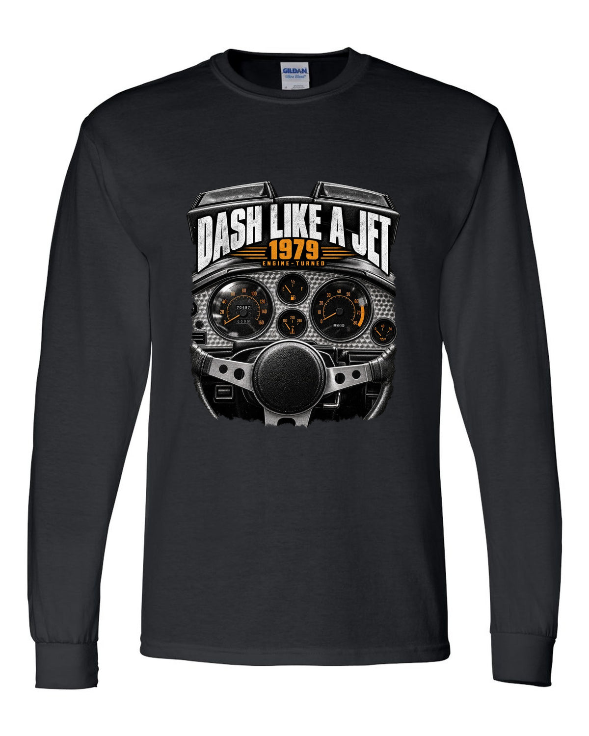 print of a 1979 Pontiac Firebird cockpit with engine-turned dash panel black long sleeve front view with the design