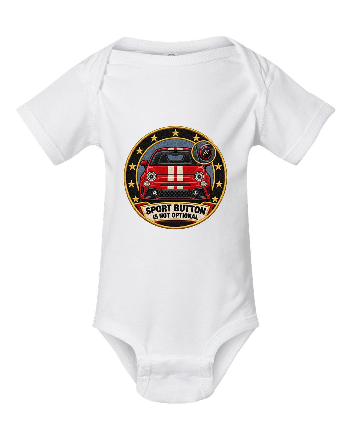 Varsity crest of a Fiat 500 Abarth with sport button text white baby onesie front view with the design