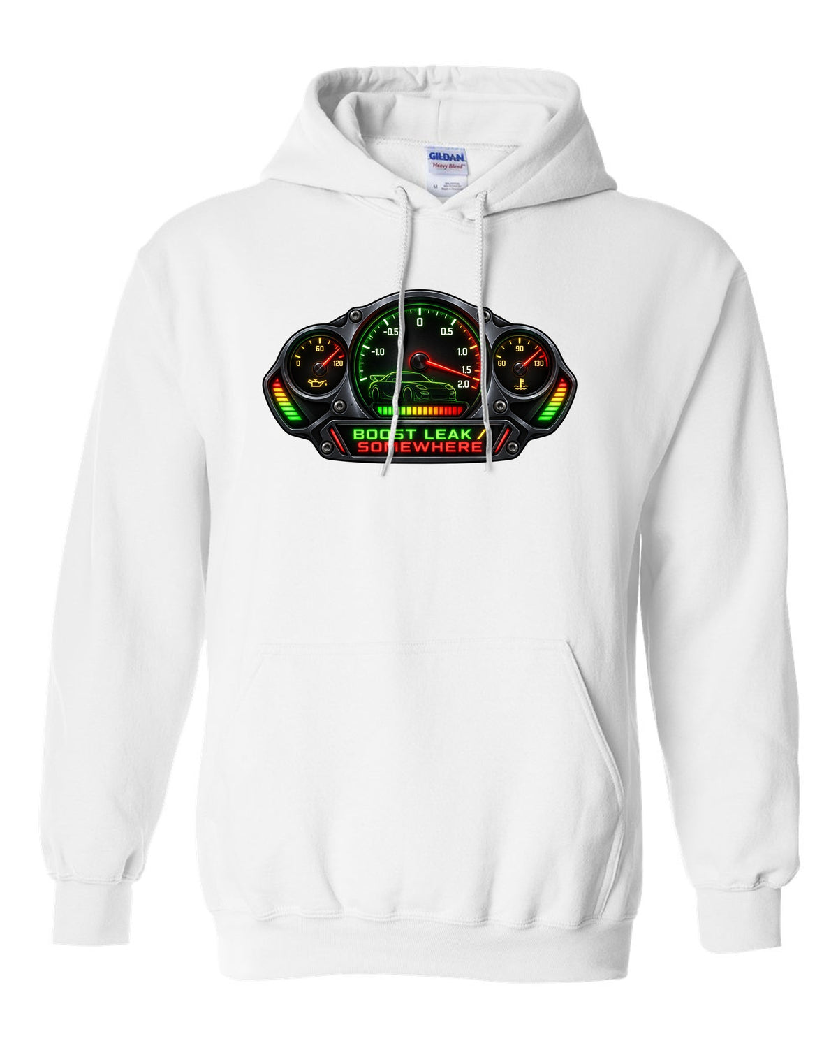 Sticker-bomb collage print of a Mazda RX-7 FD3S with text 5-Lug, 17 Inch, Bronze white pull over hoodie front view with the design
