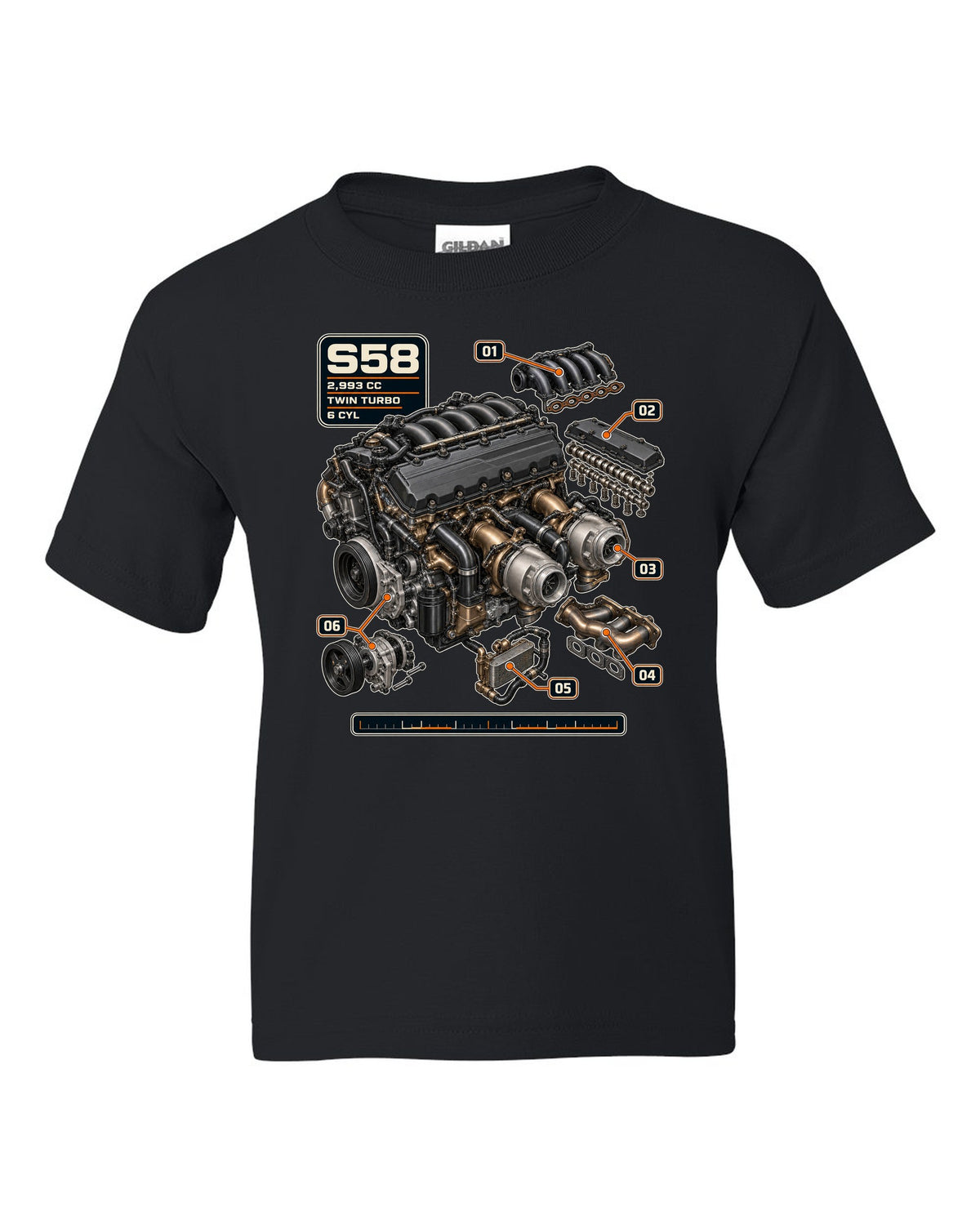 BMW S58 twin-turbo inline-six engine print with 2,993 cc text black kids tee front view with the design