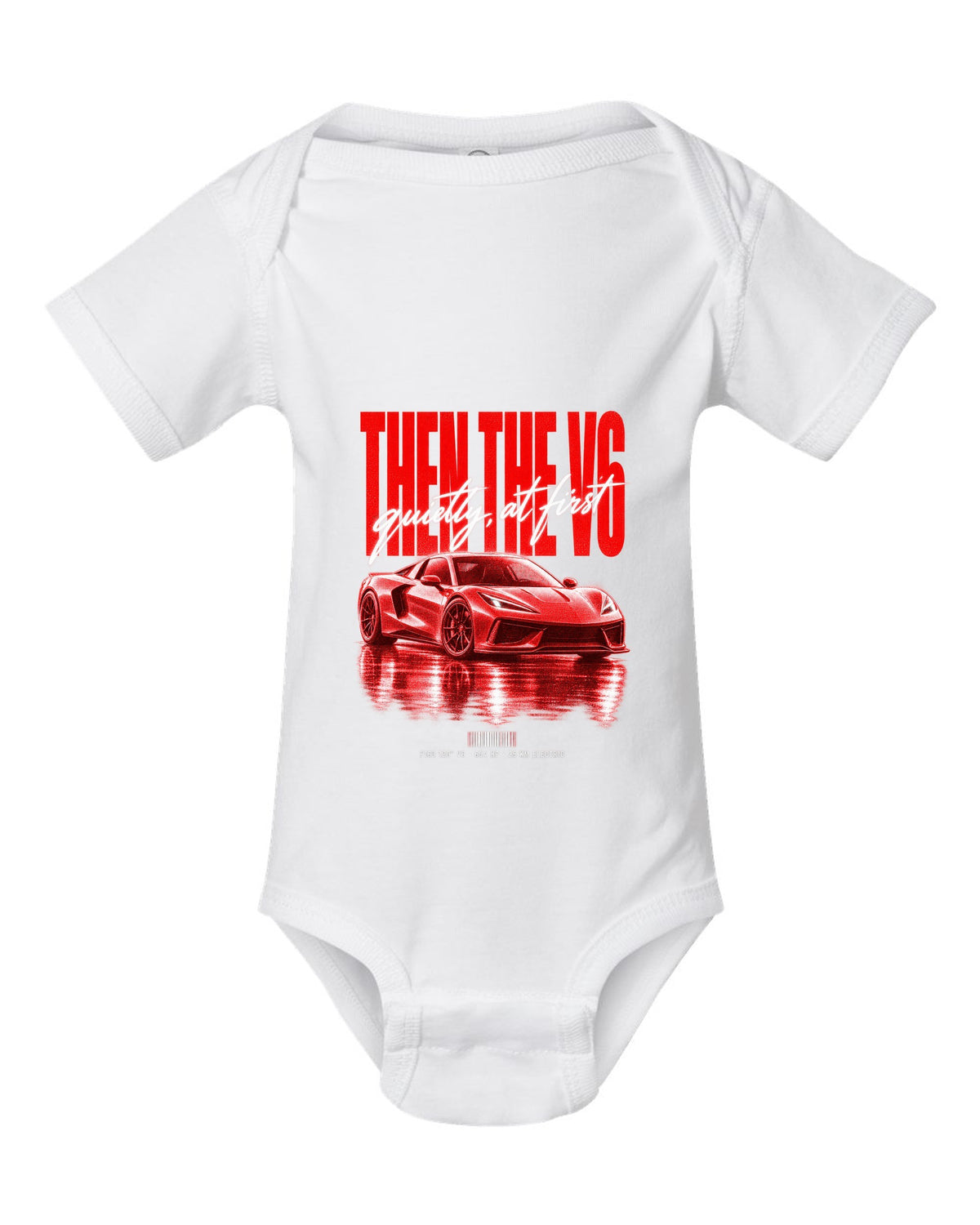 Ferrari 296 GTB 2022 street poster print, F163 120 degree V6, 654 HP, 25 km electric white baby onesie front view with the design
