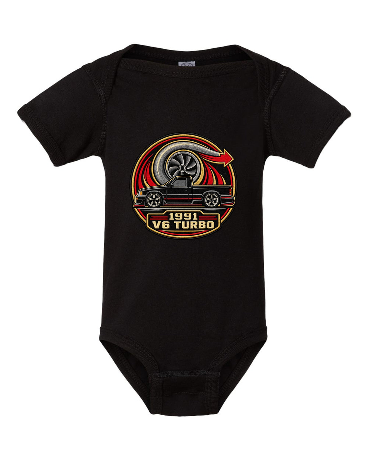 Varsity round embroidery-style design for a 1991 GMC Syclone reading 1991 / V6 TURBO black baby onesie front view with the design