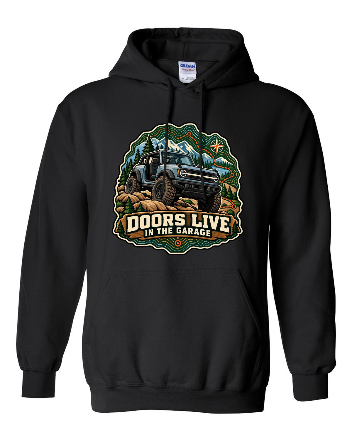 Ford Bronco U725 two-door on a topographic trail route map print black pull over hoodie front view with the design