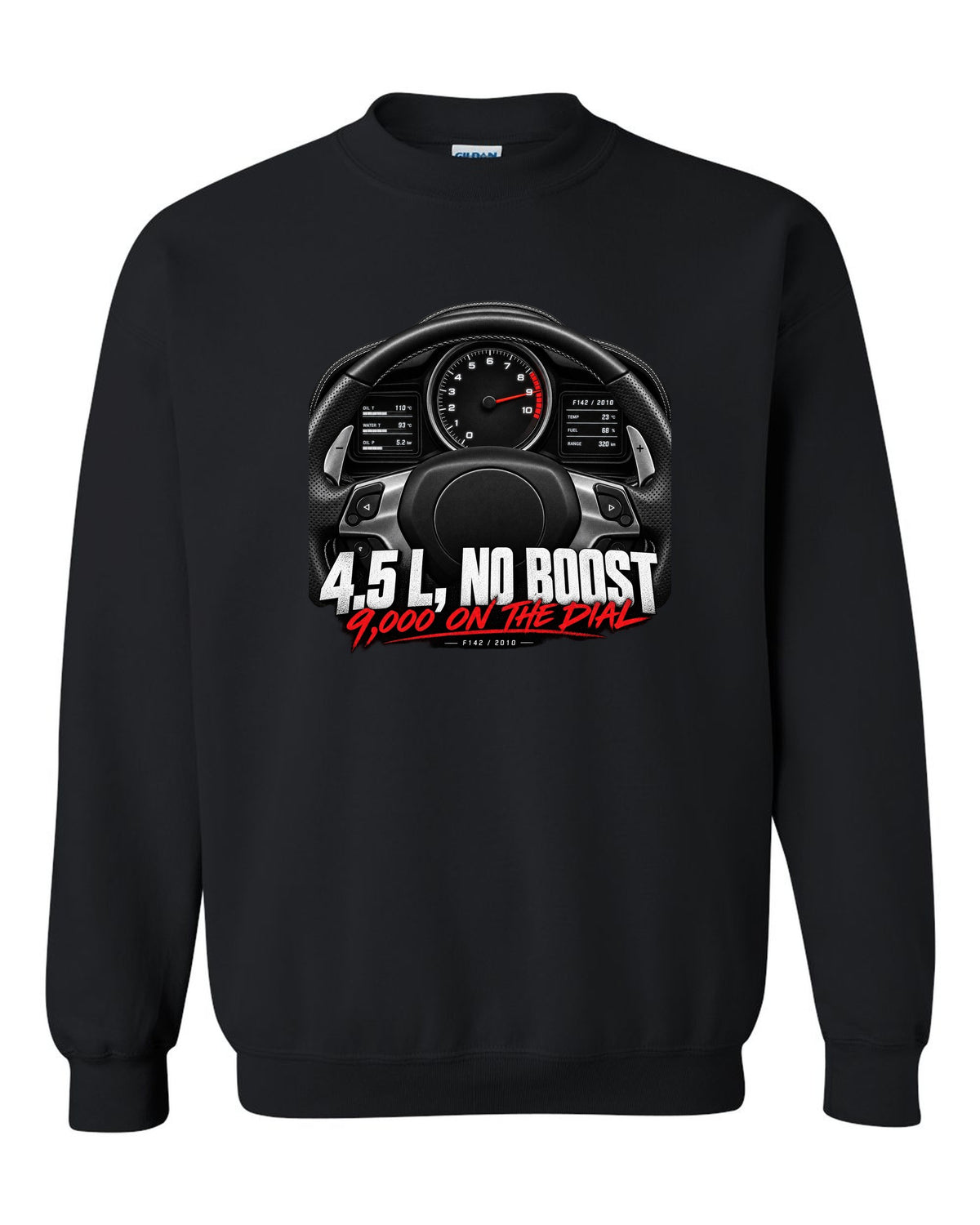 Cockpit gauge print of a Ferrari 458 Italia instrument cluster with 9,000 on the dial black crewneck front view with the design