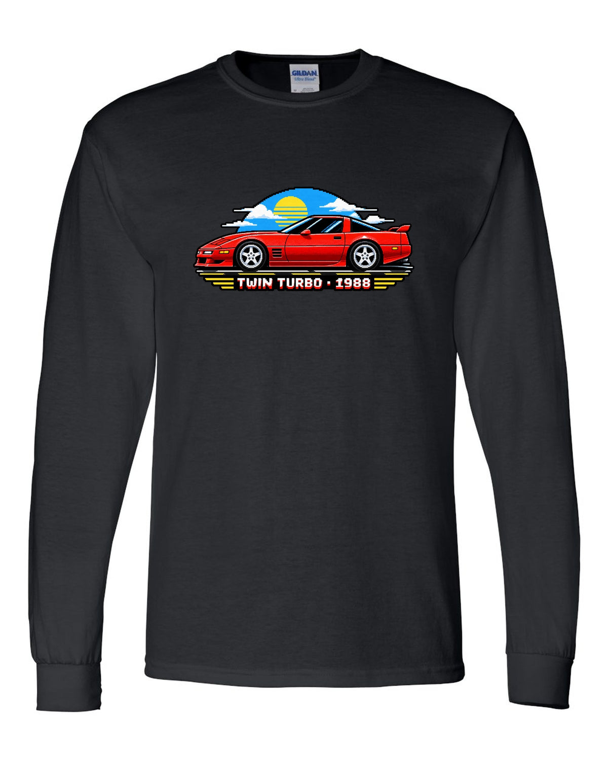 16-bit pixel art of a 1988 C4-based twin-turbo Corvette with pop-up headlights black long sleeve front view with the design