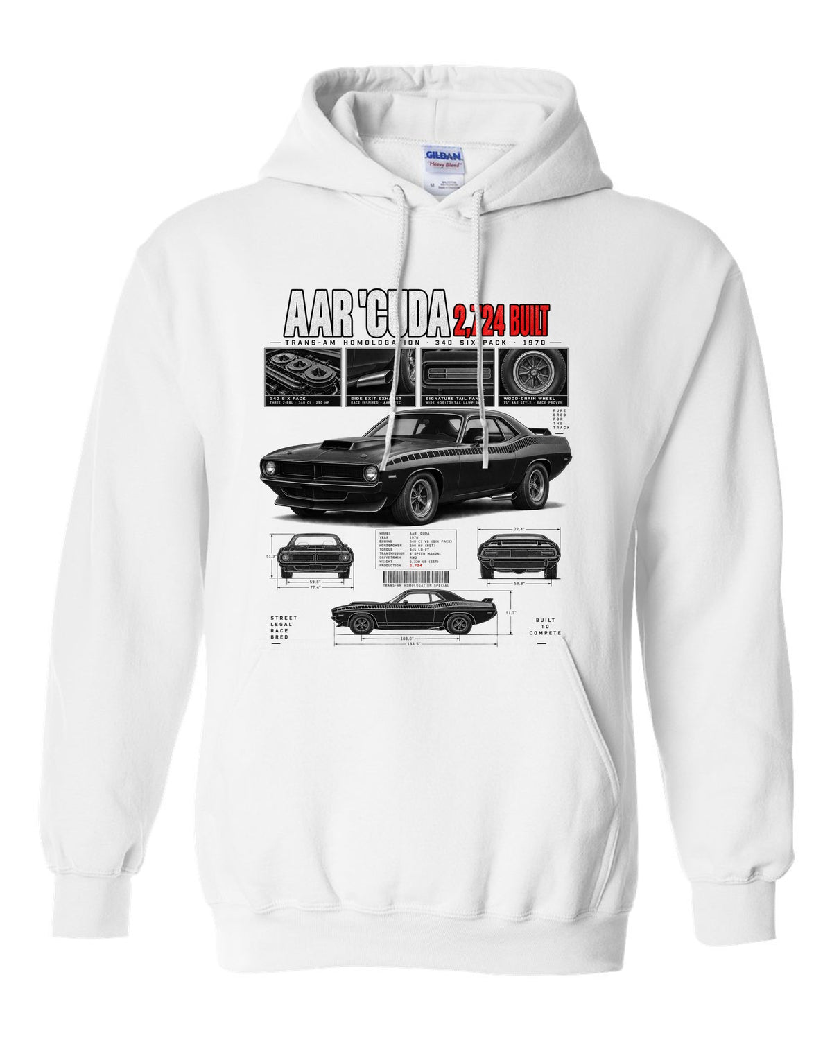 1970 Plymouth AAR Cuda E-body Dossier, 2,724 Built Tee white pull over hoodie front view with the design