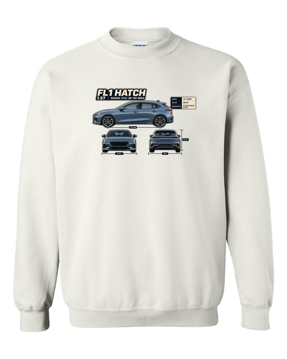 Honda Civic chback FL1 three-view spec table print white crewneck front view with the design