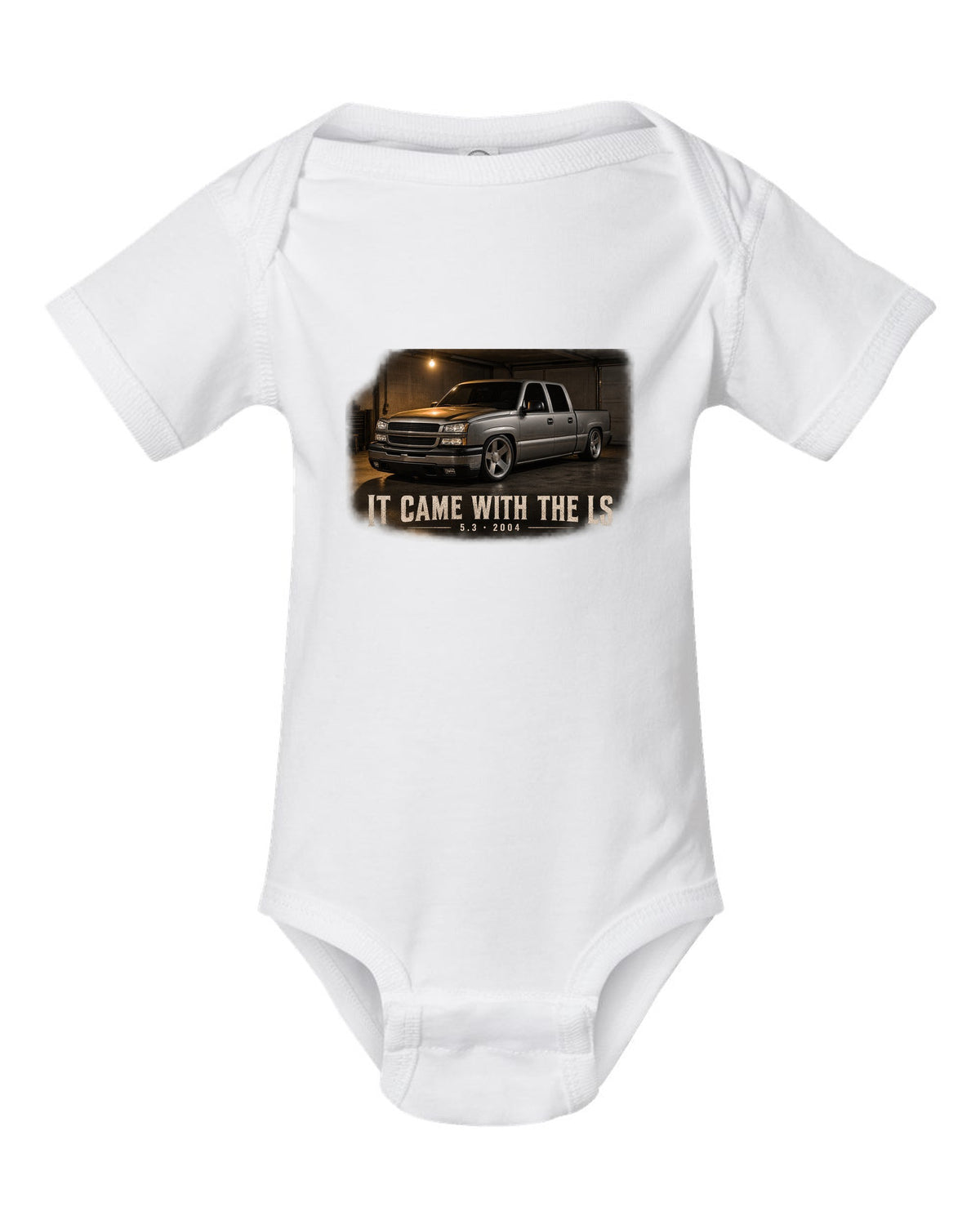 2004 Chevy Silverado crew cab in a garage night scene, print white baby onesie front view with the design