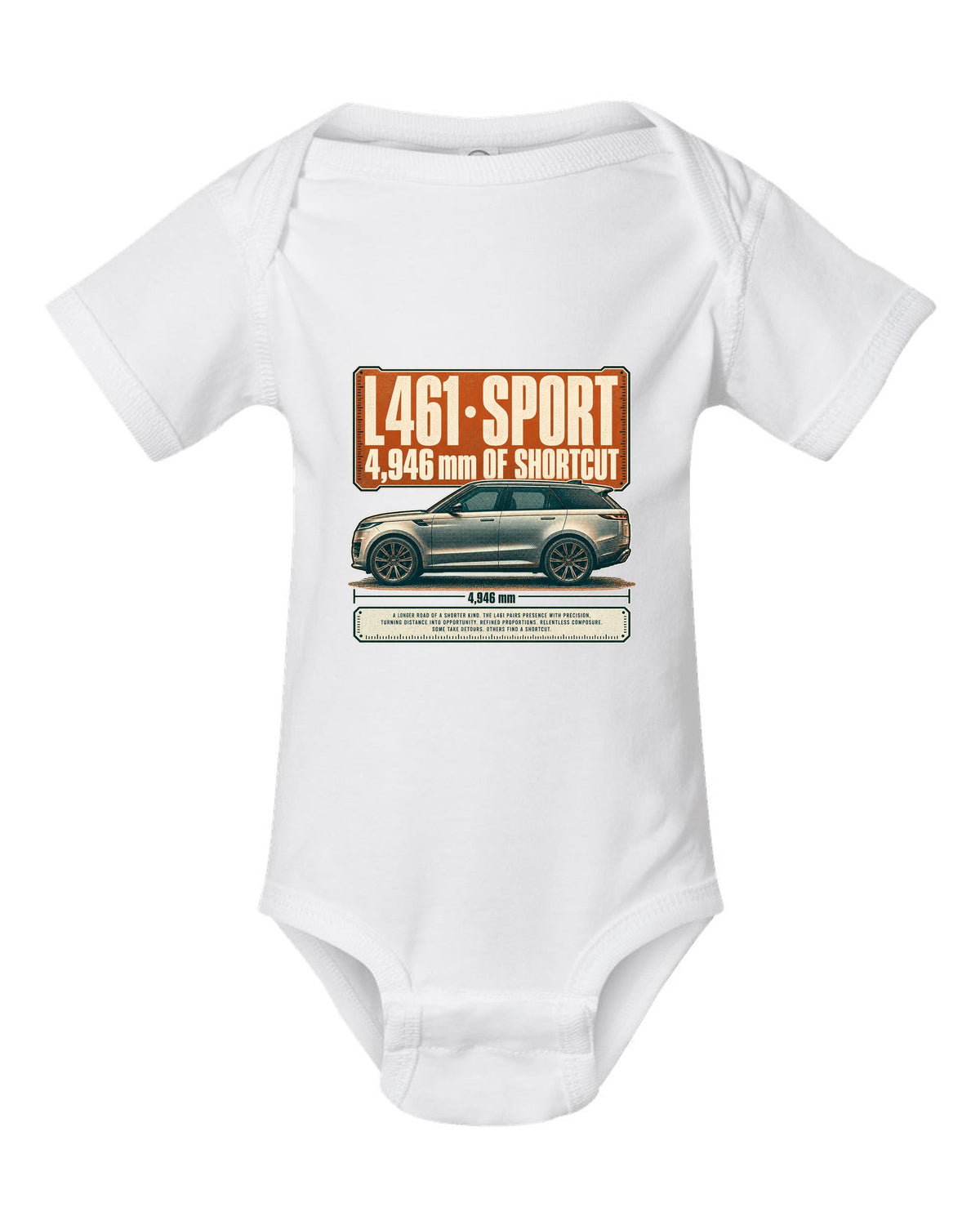 Halftone statement print of the Range Rover Sport L461 with length lettering white baby onesie front view with the design