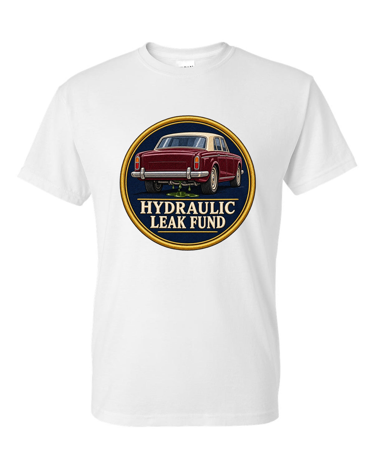Art Deco line drawing print of a 1952 Bentley R-Type Continental with leak fund lettering white t-shirt front view with the design