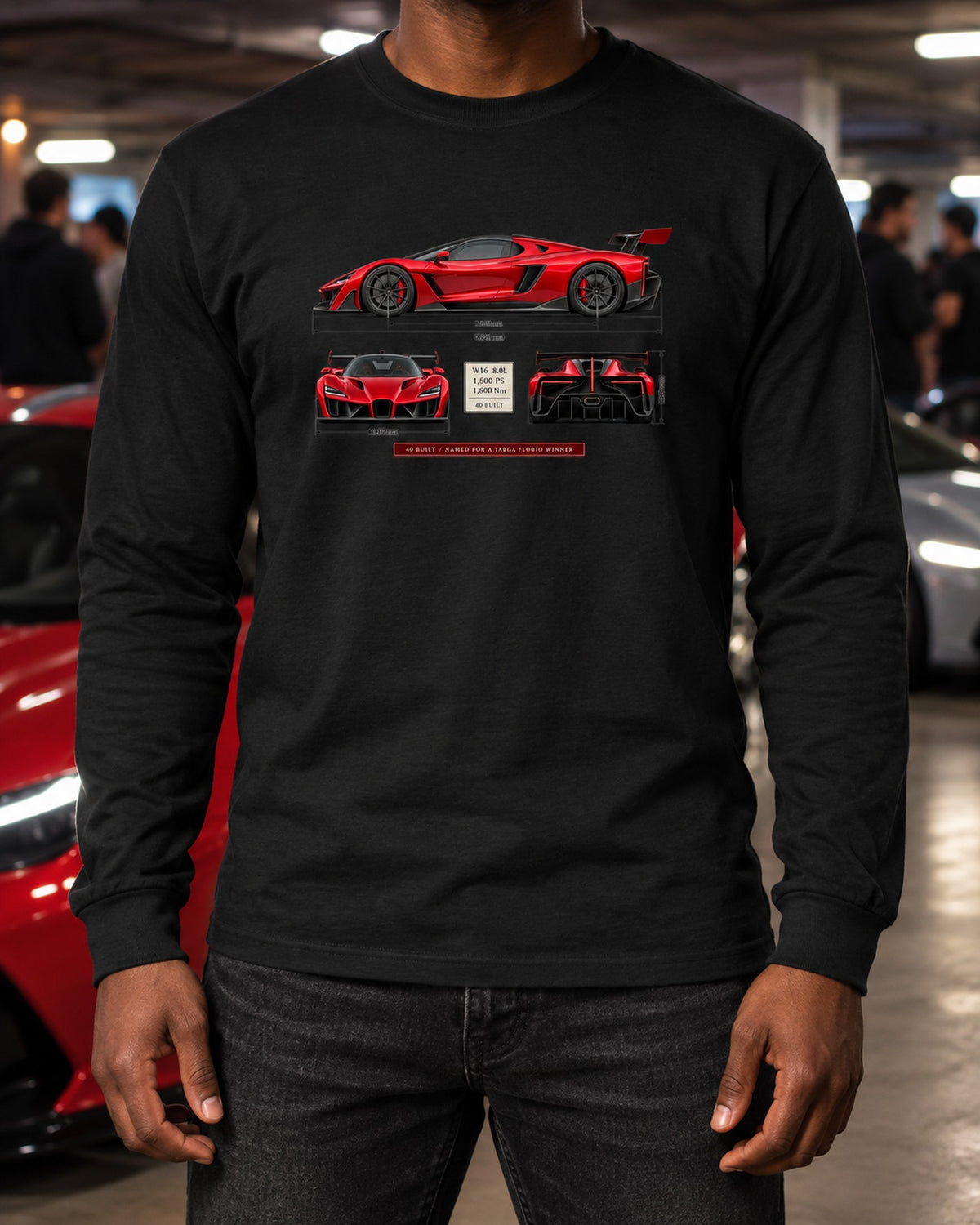 Bugatti Divo 2019 Three-View Spec Table Tee, 40 Built Long Sleeve Black worn hero