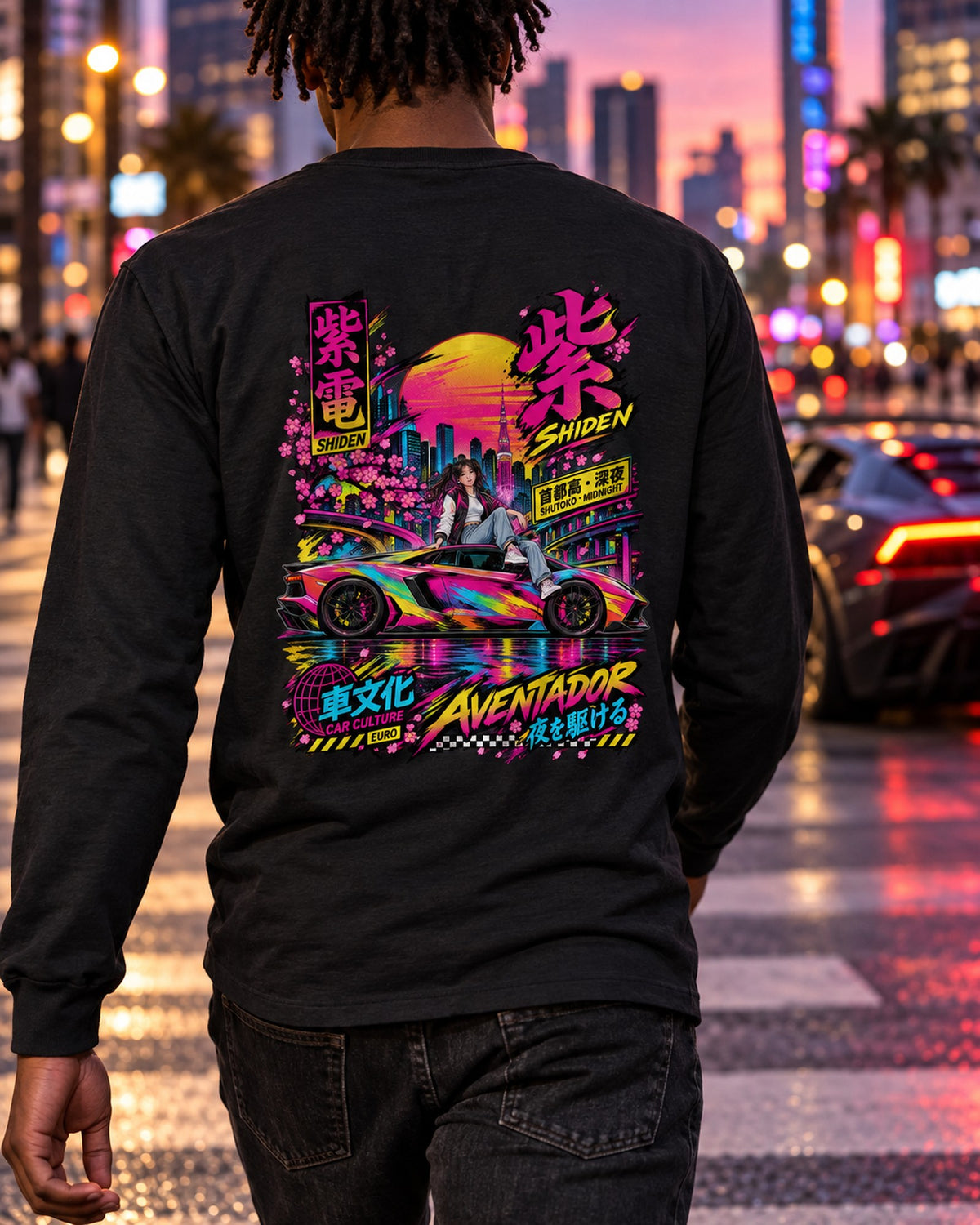 SHIDEN AVENTADOR Anime Girl Full-Back Graphic Tee Long Sleeve Black worn hero