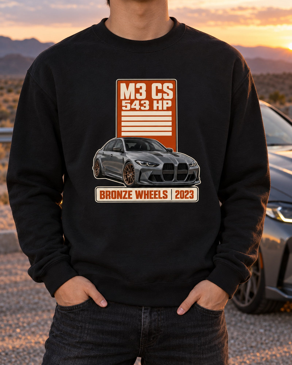 BMW M3 CS G80 Spec Poster Shirt, Bronze Wheels 2023 Tee Crewneck Black worn hero