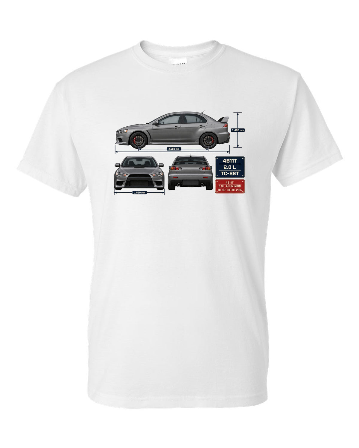 Evo X GSR Three-View Spec Table Tee, Mitsubishi Lancer white t-shirt front view with the design