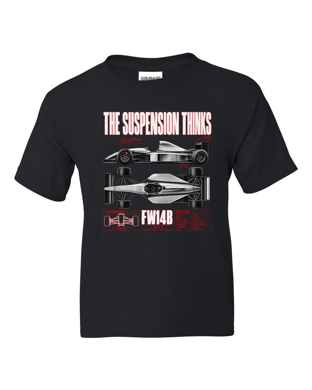 Williams FW14B spec poster print with active ride and V10 text black kids tee front view with the design