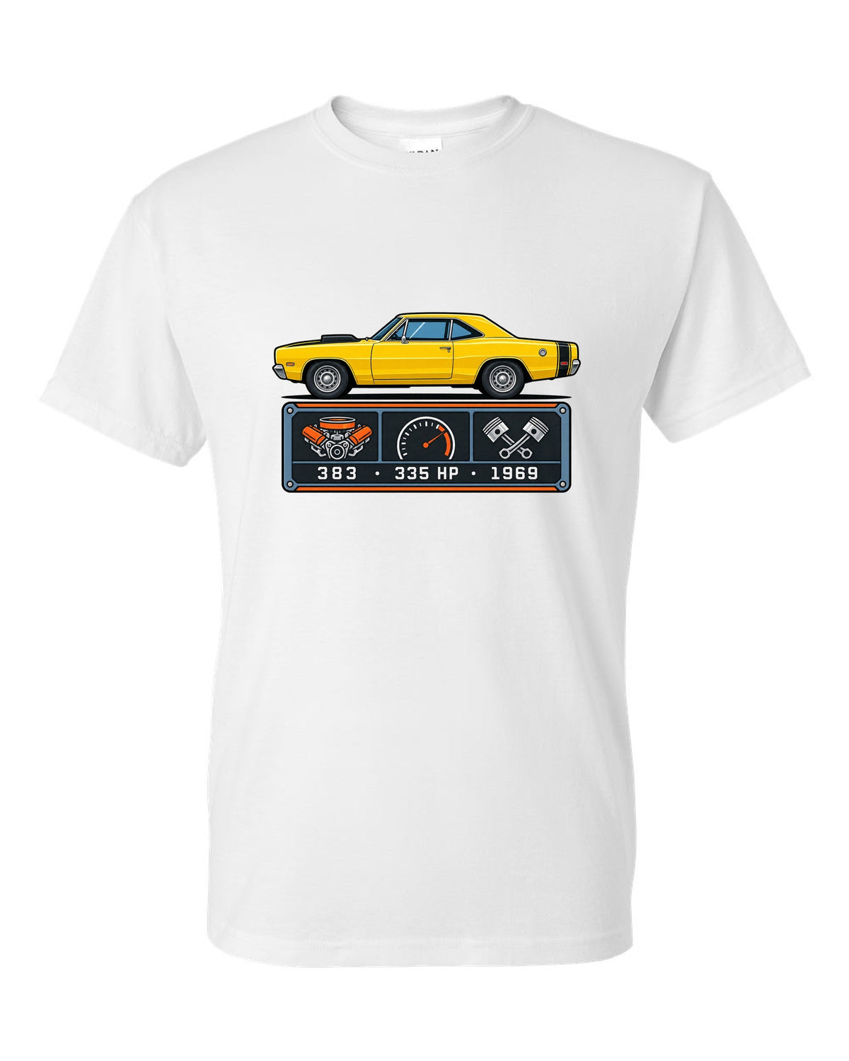 Spec-sheet data plate design for a 1969 Dodge Coronet Super Bee with 383 and 335 HP white t-shirt front view with the design