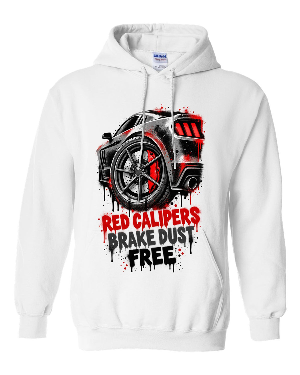 Stencil spray street art print of Kia Stinger GT CK red calipers with brake dust text white pull over hoodie front view with the design
