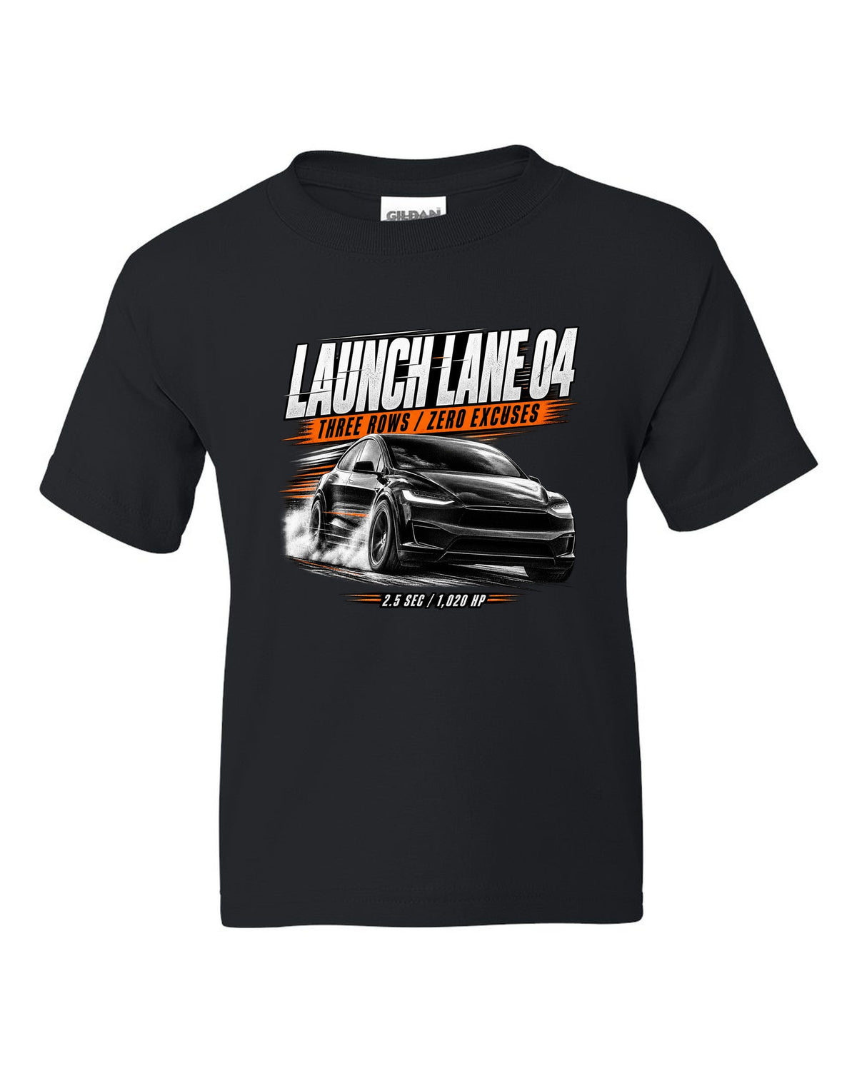 Tesla Model X Plaid front three-quarter launching in a race poster reading Launch Lane 04 black kids tee front view with the design
