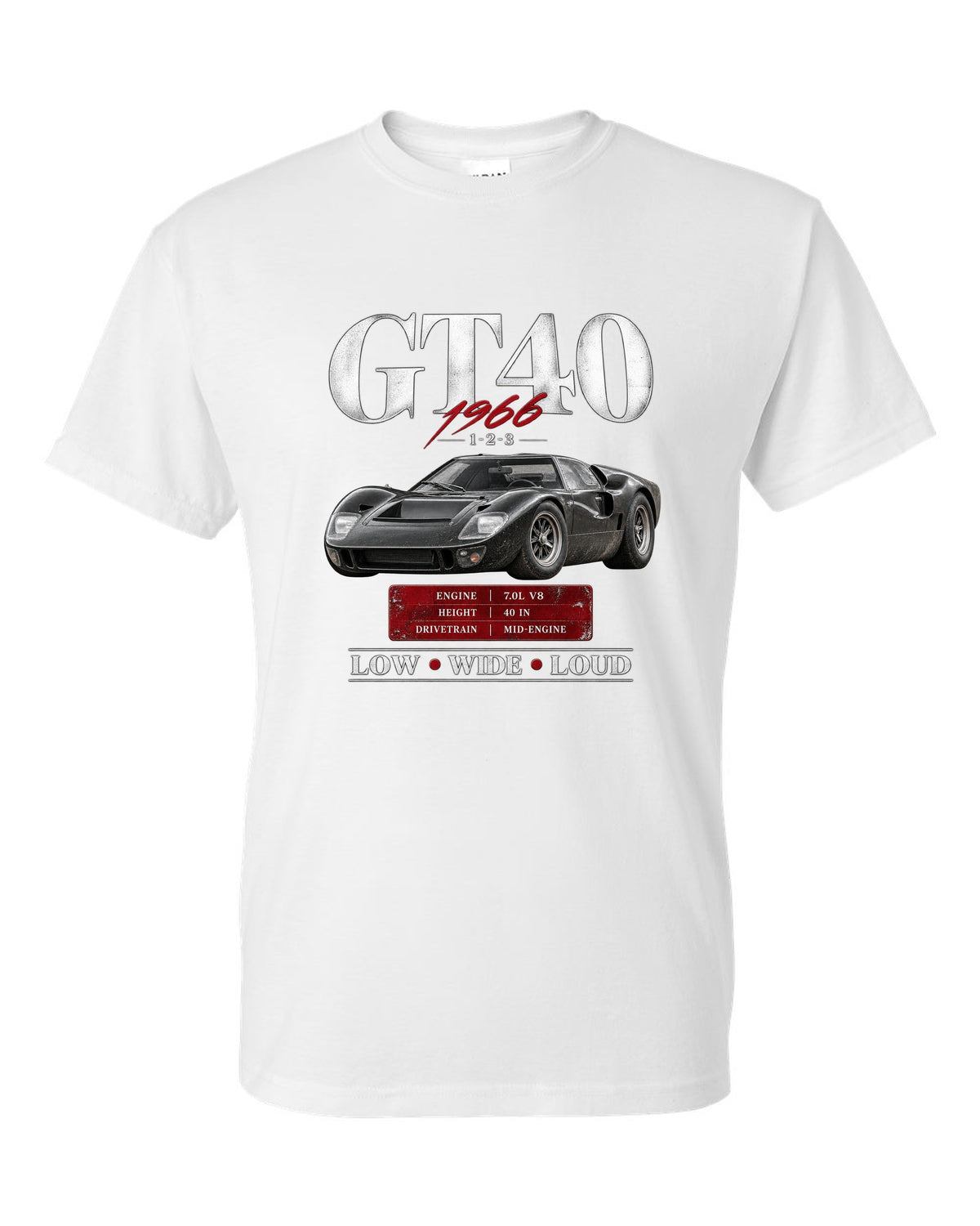 Archive panel print of a 1966 Ford GT40 Mk II with spec callouts white t-shirt front view with the design