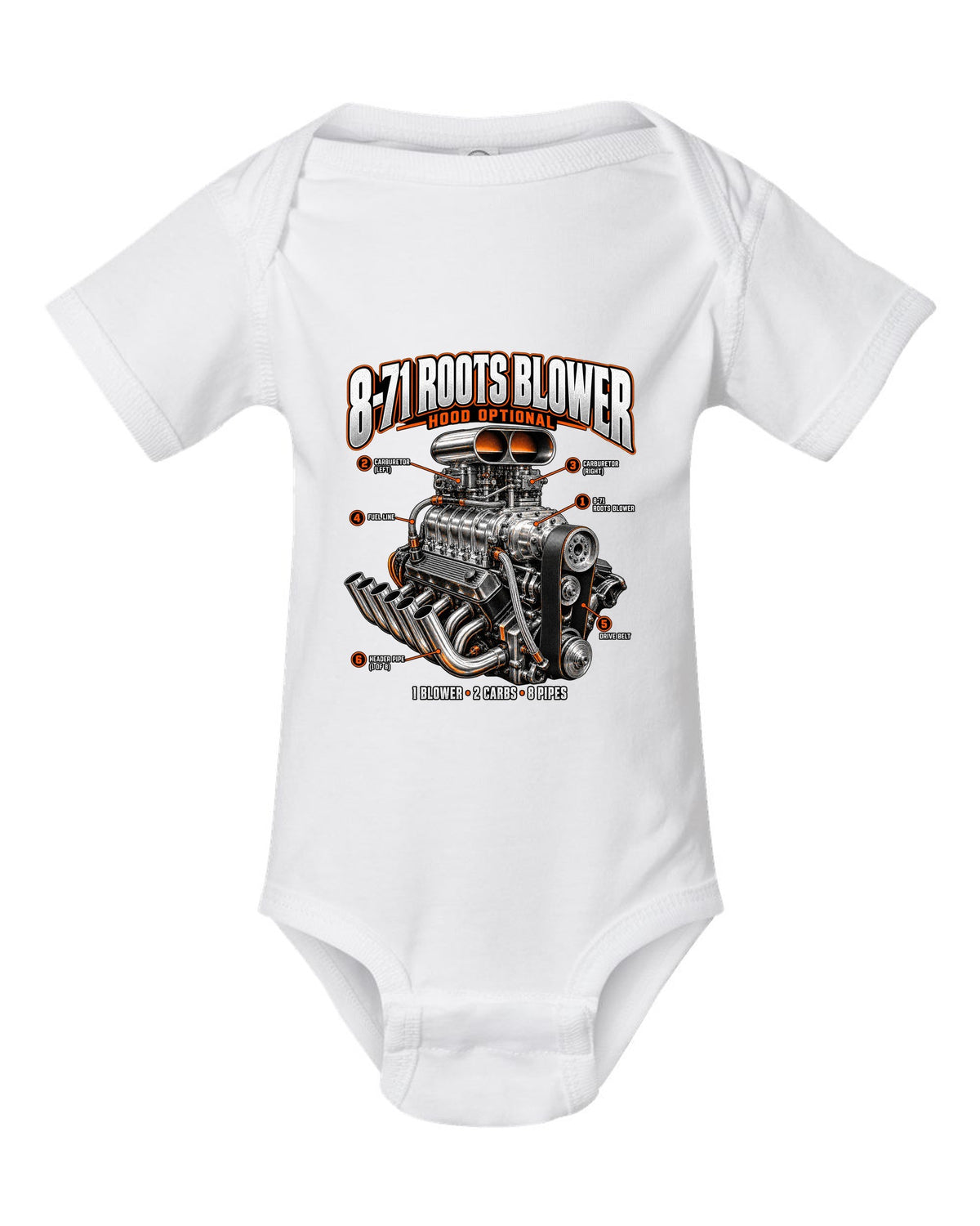 Engine callout print of a blown small-block V8 with 8-71 Roots blower white baby onesie front view with the design