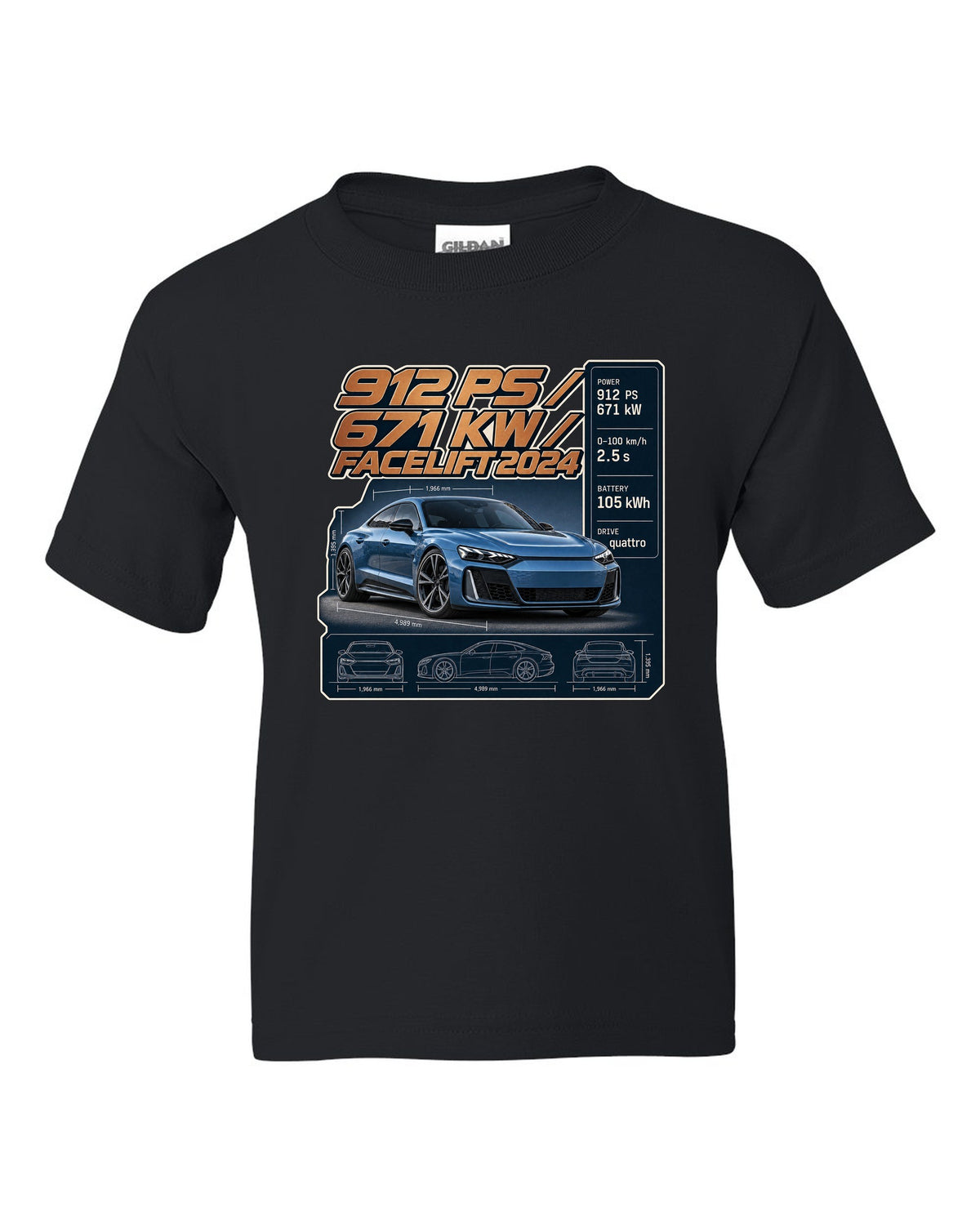 Audi RS e-tron GT performance facelift spec poster print design black kids tee front view with the design